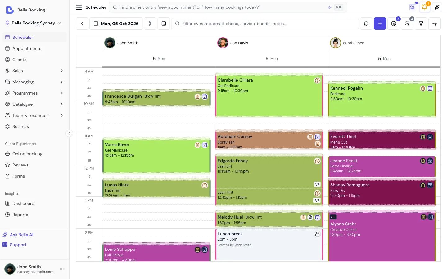 Bella scheduler day view โ appointments, deposits, and rebookings shown on the production interface