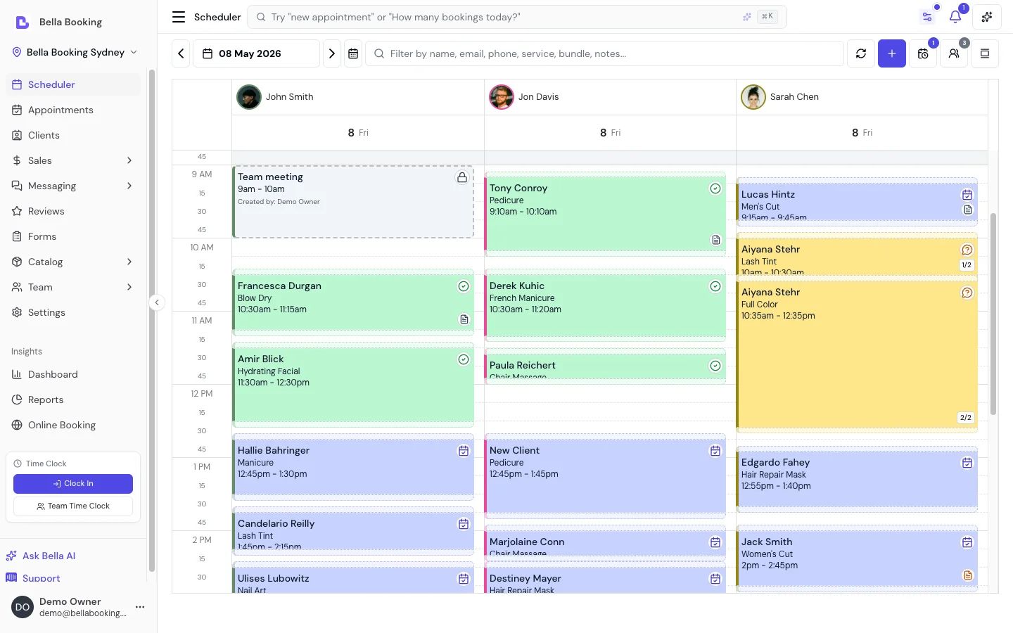 Bella scheduler day view โ appointments, deposits, and rebookings shown on the production interface